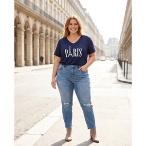 Shiela Rose Paris Graphic V-Neck T-Shirt Navy Blue Size 2X